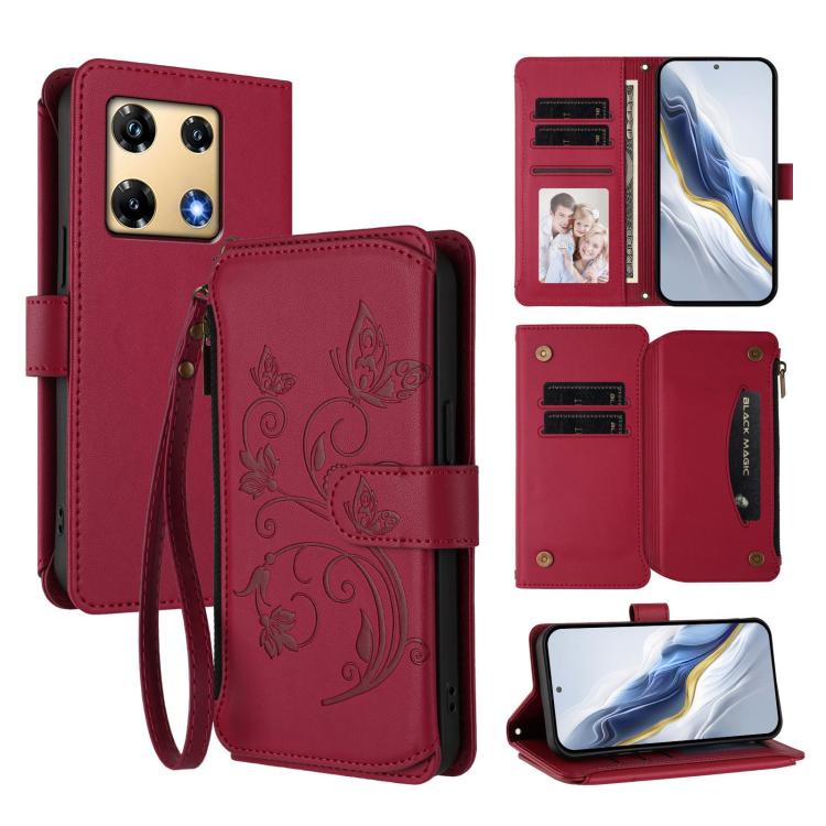 Wine red floral zipper wallet phone case with wrist strap and card slots, folio cover