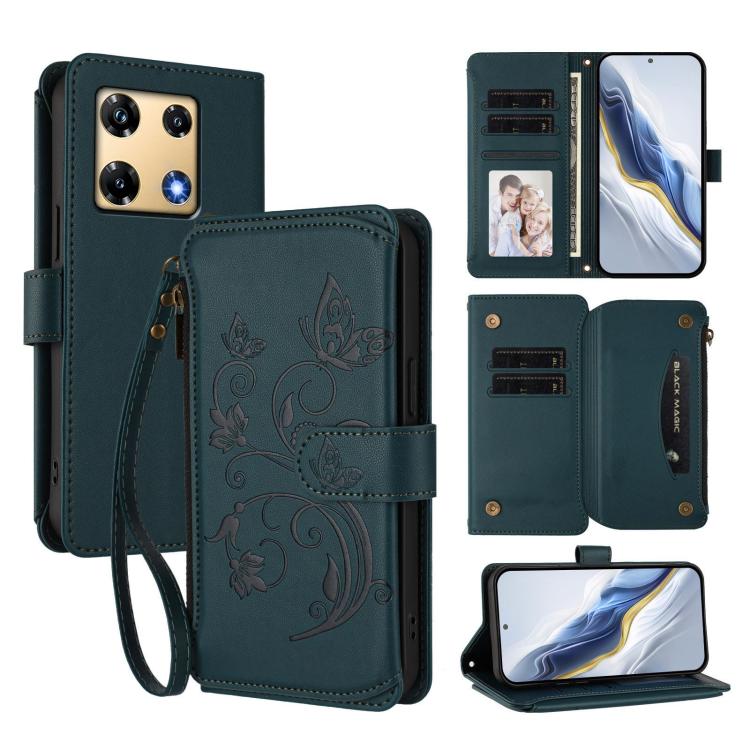Dark teal floral zipper wallet phone case with wrist strap and card slots, folio cover