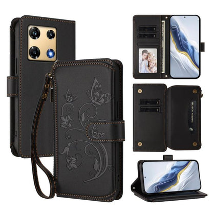 Black floral zipper wallet phone case with wrist strap and card slots, folio cover
