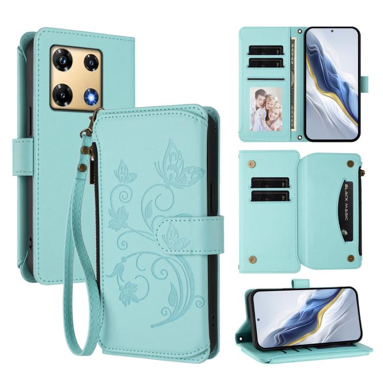 Mint blue floral zipper wallet phone case with wrist strap and card slots, folio cover