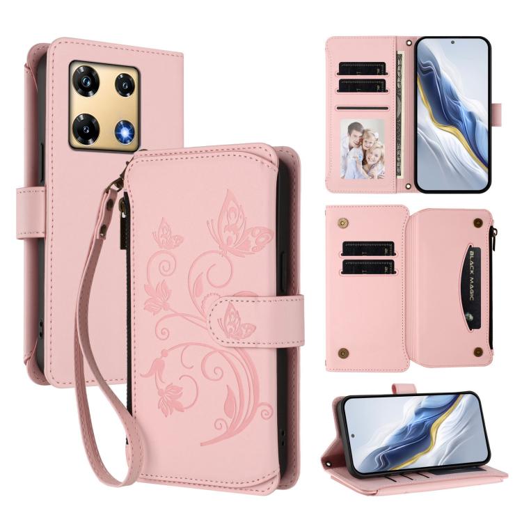 Pink floral zipper wallet phone case with wrist strap and card slots, folio cover