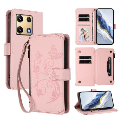 Pink floral zipper wallet phone case with wrist strap and card slots, folio cover