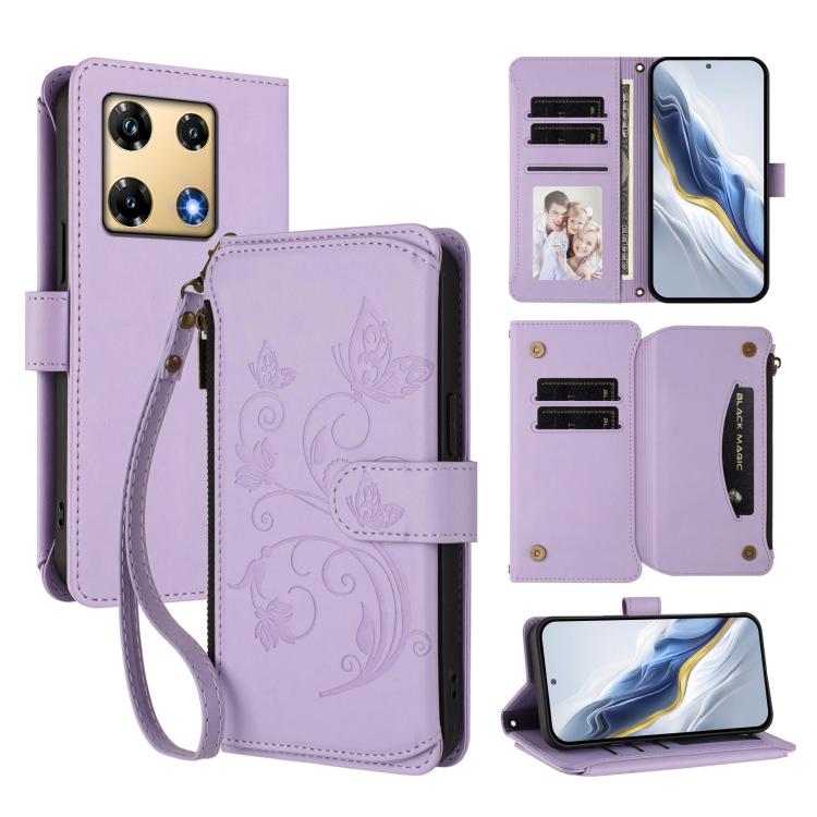 Lavender floral zipper wallet phone case with wrist strap and card slots, folio cover