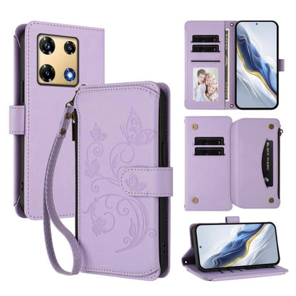 Lavender floral zipper wallet phone case with wrist strap and card slots, folio cover
