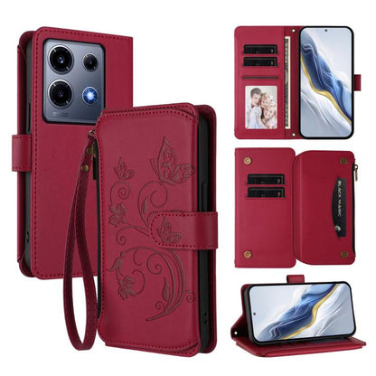Wine red leather phone wallet case with butterfly floral embossing, zipper and wrist strap