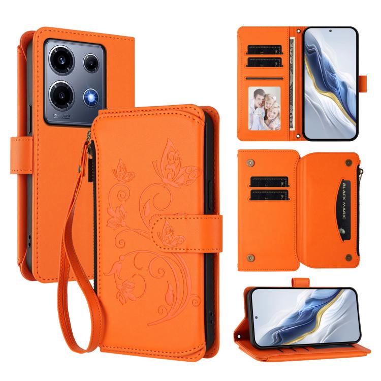 Orange leather phone wallet case with butterfly floral embossing, zipper and wrist strap