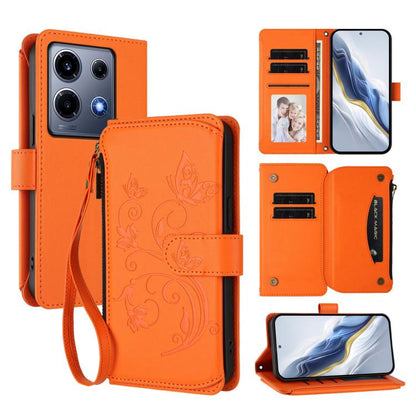 Orange leather phone wallet case with butterfly floral embossing, zipper and wrist strap