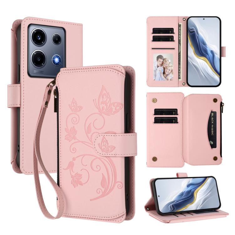 Pink leather phone wallet case with butterfly floral embossing, zipper and wrist strap