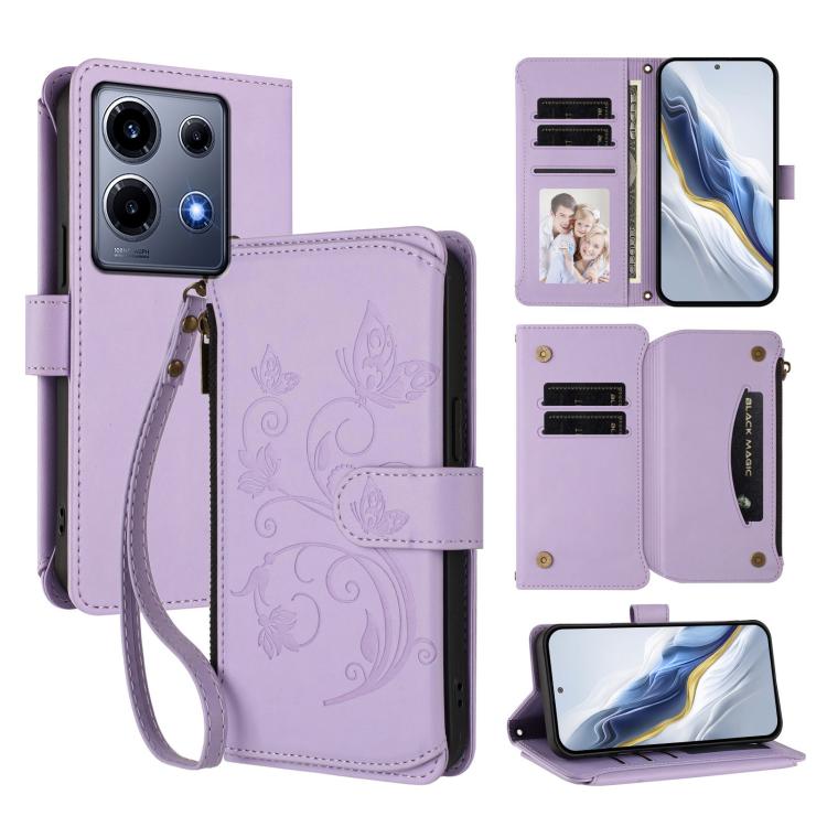 Light purple leather phone wallet case with butterfly floral embossing, zipper and wrist strap