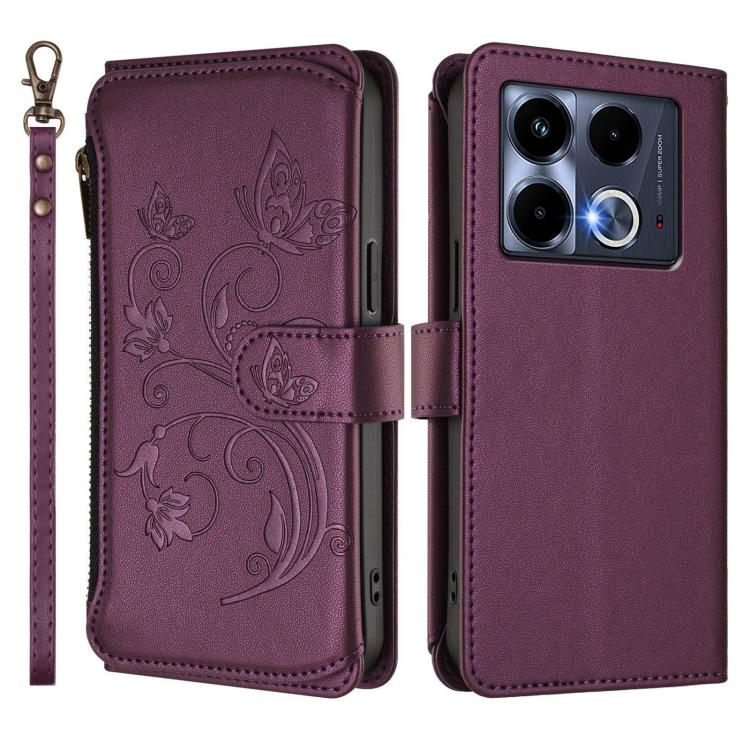 Purple leather-style wallet phone case with floral embossing, side access, and zipper strap