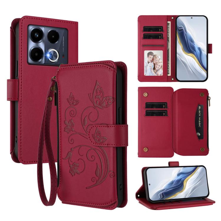 Purple leather-style multi-card zipper wallet phone case with floral embossing and wrist strap