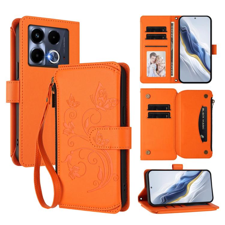 Orange zipper wallet phone case with floral embossing, card slots, and wrist strap