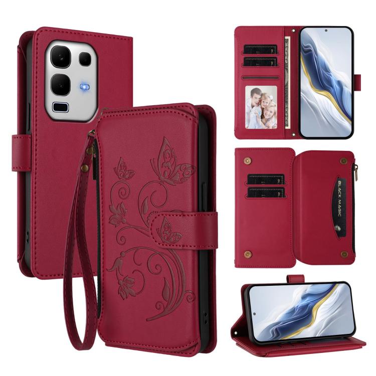 Butterfly Love Flower multi-card zipper wallet phone case, wine red, wrist strap