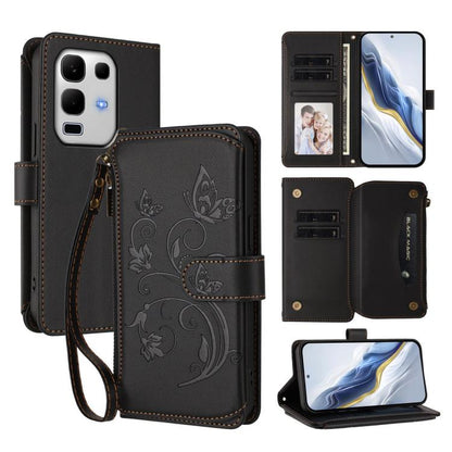 Butterfly Love Flower multi-card zipper wallet phone case, black, wrist strap