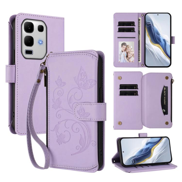 Butterfly Love Flower multi-card zipper wallet phone case, light purple, wrist strap