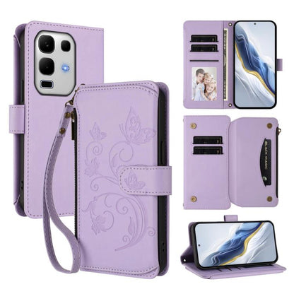 Butterfly Love Flower multi-card zipper wallet phone case, light purple, wrist strap