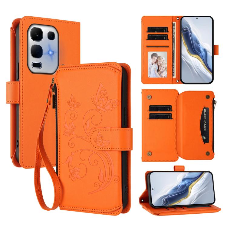 Orange butterfly-flower leather zipper wallet phone case with card slots and wrist strap
