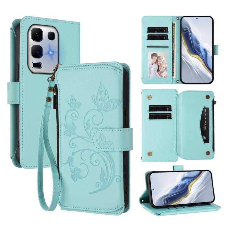 Mint green butterfly-flower leather zipper wallet phone case with card slots and wrist strap