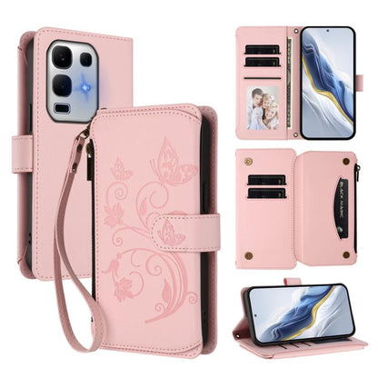 Pink butterfly-flower leather zipper wallet phone case with card slots and wrist strap