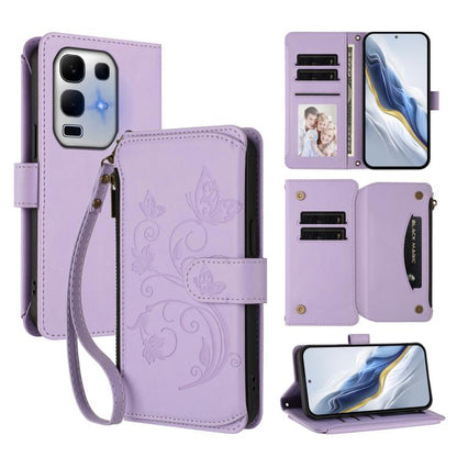 Light purple butterfly-flower leather zipper wallet phone case with card slots and wrist strap