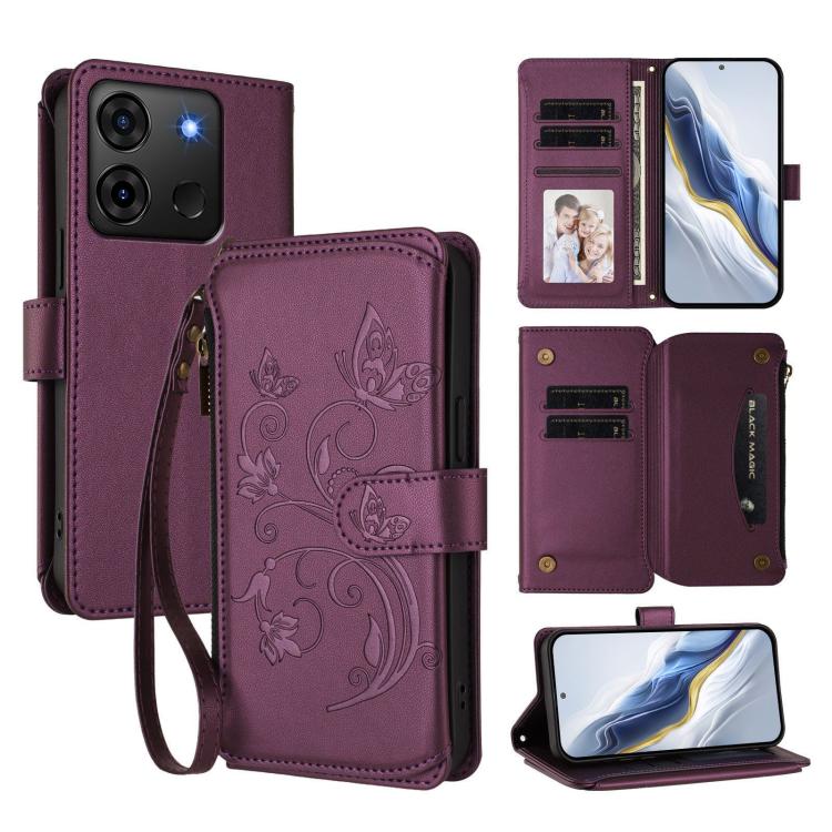 Wine red multi-card zipper wallet phone case with floral embossing and wrist strap