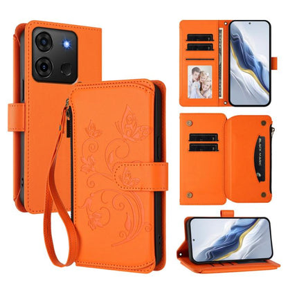 Orange multi-card zipper wallet phone case with floral embossed design and card slots