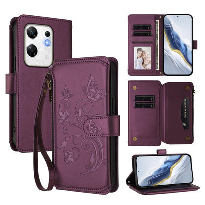 Wine red leather phone wallet case with floral embossing, card slots, and wrist strap