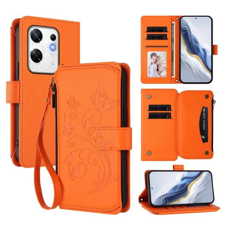 Orange leather phone wallet case with floral embossing, card slots, and wrist strap