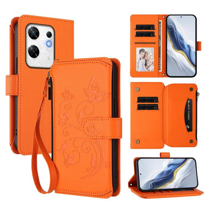 Orange leather phone wallet case with floral embossing, card slots, and wrist strap