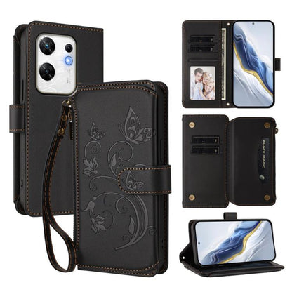 Black leather phone wallet case with floral embossing, card slots, and wrist strap