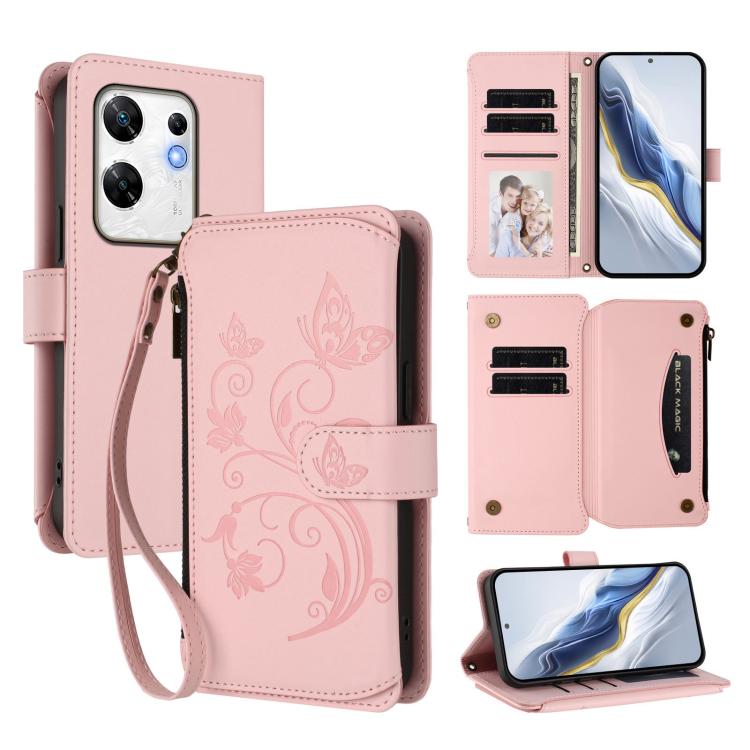 Pink leather phone wallet case with wrist strap, floral emboss, multi-card slots and zip pocket.
