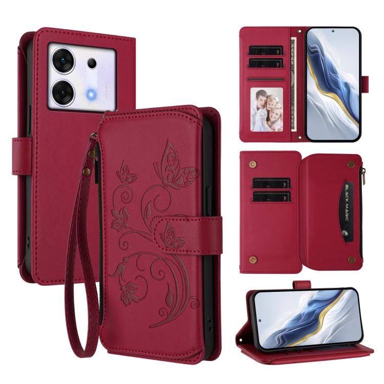 Wine red leather phone wallet case with wrist strap, floral emboss, multi-card slots and zip pocket.