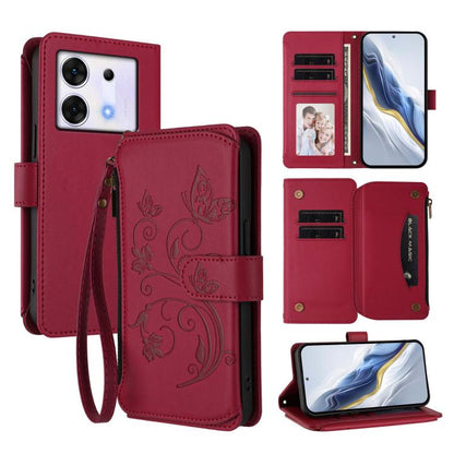 Wine red leather phone wallet case with wrist strap, floral emboss, multi-card slots and zip pocket.