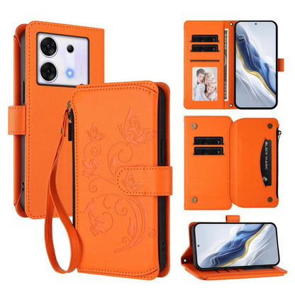 Orange leather phone wallet case with wrist strap, floral emboss, multi-card slots and zip pocket.