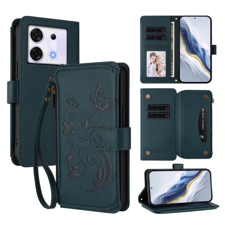 Dark green leather phone wallet case with wrist strap, floral emboss, multi-card slots and zip pocket.