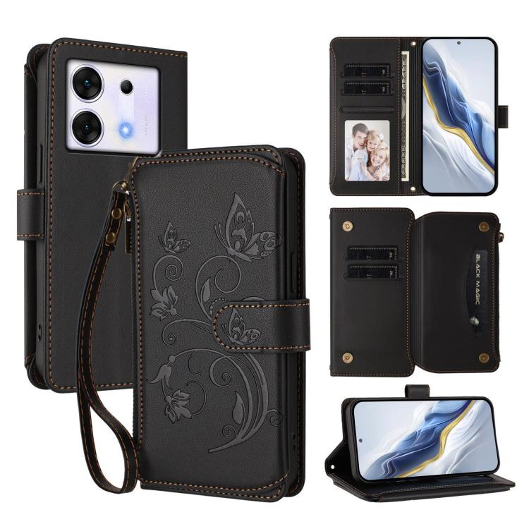 Black leather phone wallet case with wrist strap, floral emboss, multi-card slots and zip pocket.