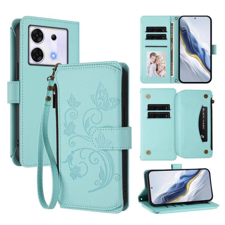 Mint green leather phone wallet case with wrist strap, floral emboss, multi-card slots and zip pocket.