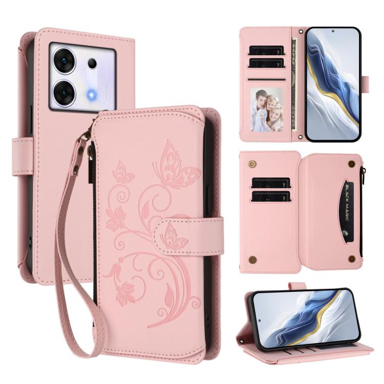 Pink leather phone wallet case with wrist strap, floral emboss, multi-card slots and zip pocket.