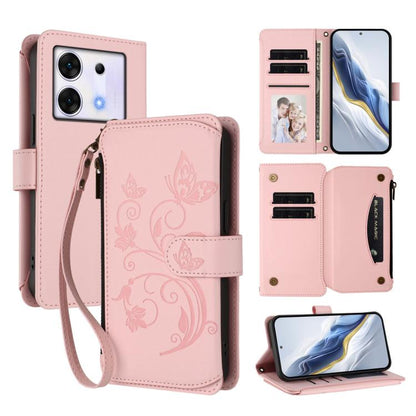 Pink leather phone wallet case with wrist strap, floral emboss, multi-card slots and zip pocket.