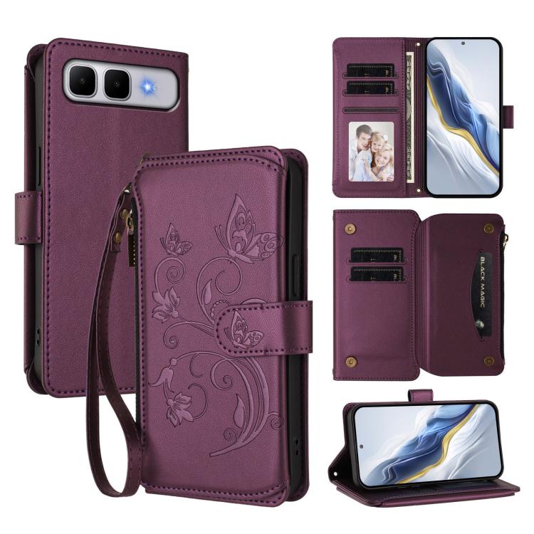 Dark purple leather phone wallet case with floral embossing, card slots, wrist strap