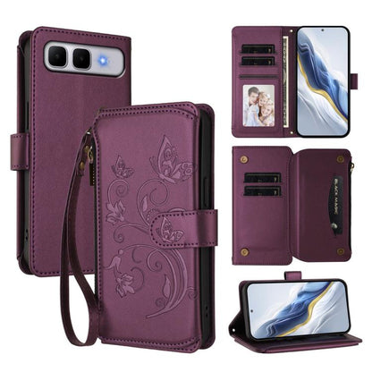 Dark purple leather phone wallet case with floral embossing, card slots, wrist strap
