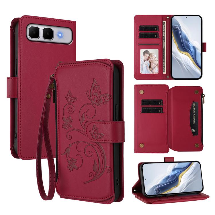 Red leather phone wallet case with floral embossing, card slots, magnetic closure