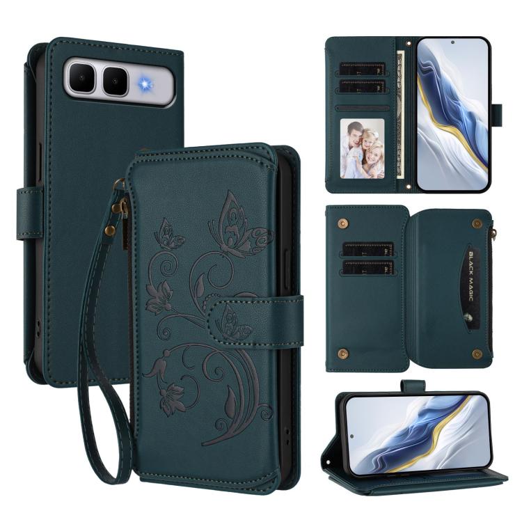 Dark teal butterfly embossed phone wallet case with zipper pocket and wrist strap