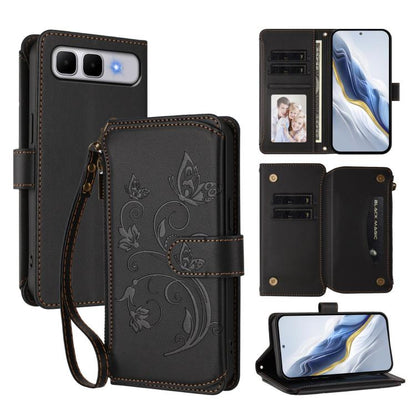 Black butterfly embossed phone wallet case with zipper pocket, card slots, and wrist strap