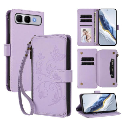 Light purple butterfly embossed phone wallet case with zipper pocket, card slots, and strap