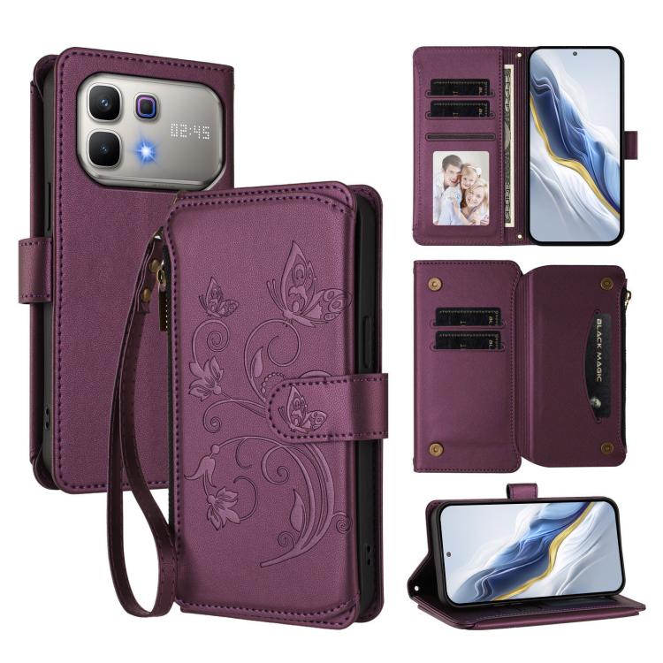 Wine purple leather-style zipper wallet phone case with floral butterfly print and wrist strap