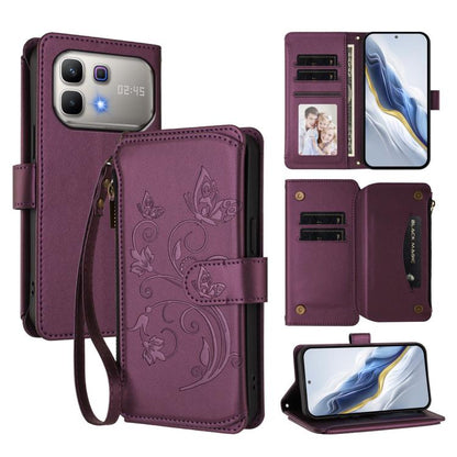 Wine purple leather-style zipper wallet phone case with floral butterfly print and wrist strap
