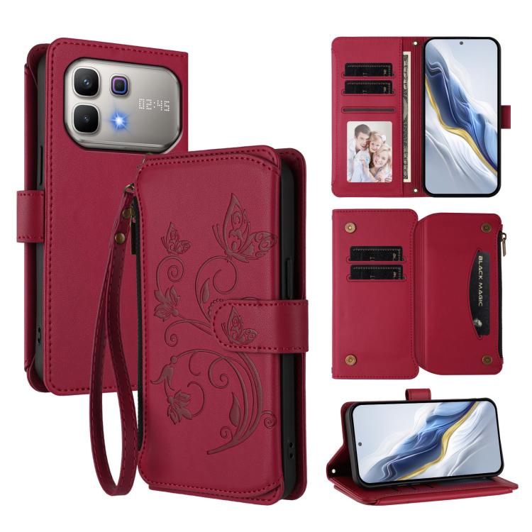 Wine red leather-style zipper wallet phone case with floral butterfly print and wrist strap