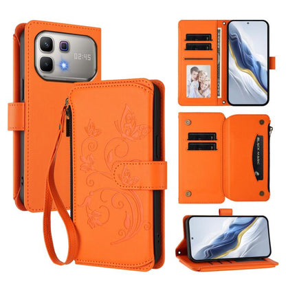 Orange leather-style zipper wallet phone case with floral butterfly print and wrist strap