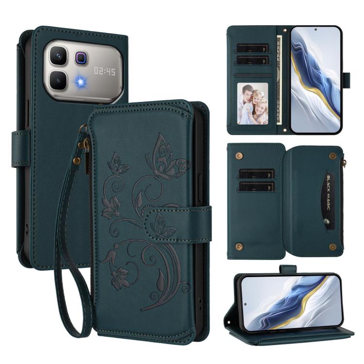 Dark teal leather-style zipper wallet phone case with floral butterfly print and wrist strap